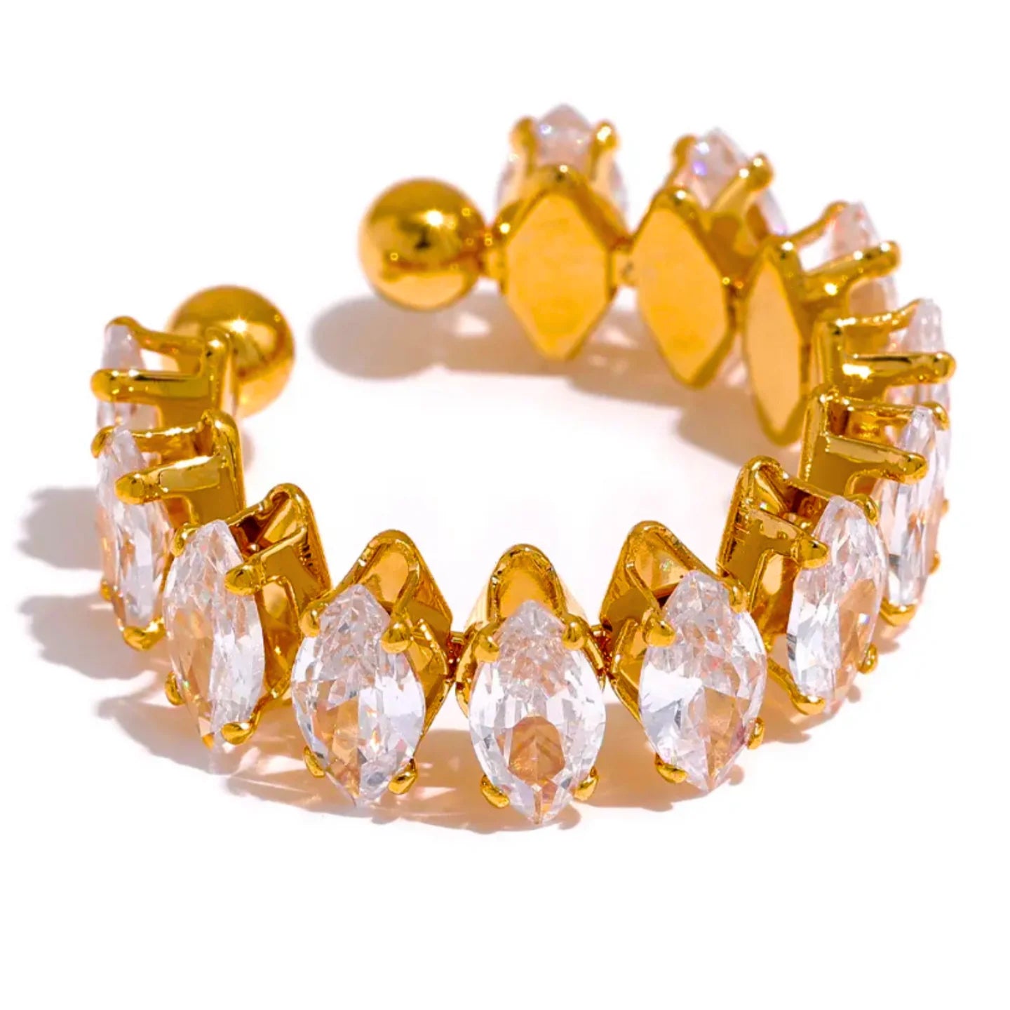 gold plated ring, adjustable ring women, zircon crystal ring, marquise cut zircon ring, stainless steel ring, gold adjustable ring, statement ring women, elegant zircon jewelry, women's fashion ring, crystal ring gold - Makeupstashpk