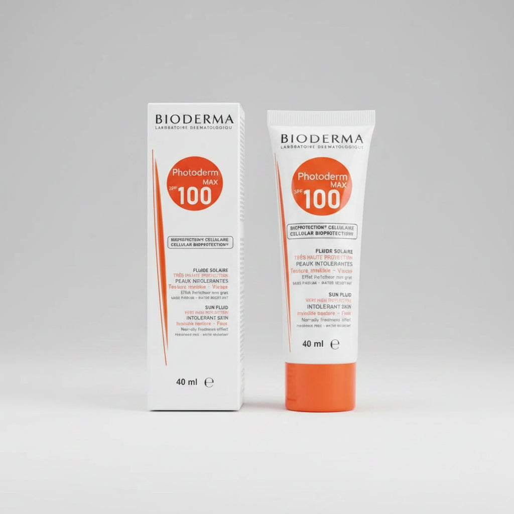photoderm max fluide 40ml, spf 100 sunscreen, lightweight sunscreen, sunscreen for oily skin, non greasy sunscreen, sensitive skin sunblock, french pharmacy sunscreen, matte sunscreen, uv protection fluid, hot weather sunscreen, no white cast sunscreen, bioderma photoderm, daily sunscreen, sun care skincare - Makeup Stash Pakistan
