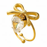bow heart ring, gold plated ring women, crystal adjustable ring, stainless steel jewelry women, dainty gold ring, elegant women ring, romantic jewelry ring, cute rings for girls,Makeupstashpk
