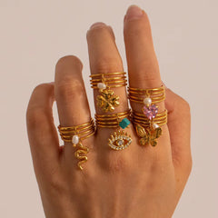 gold plated ring, adjustable ring, gold coil ring, coil ring, multi layered ring, layered ring, open ring, clover charm ring, clover ring, pearl ring - Makeupstashpk
