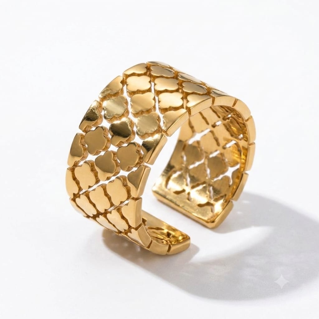 gold plated clover ring, adjustable ring for women, clover jewelry, gold adjustable ring, cutout lattice ring, lucky clover ring, statement ring women, fashion jewelry, elegant gold ring, women's accessories, trendy ring, gift for her, luxury style - Makeupstashk