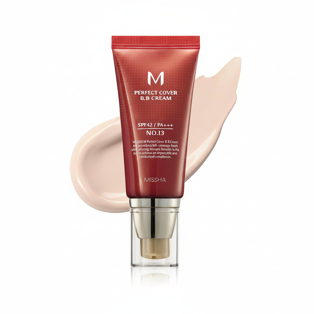 Missha BB Cream, M Perfect Cover, Missha No 13, Bright Beige, Korean Beauty, K-Beauty, Korean Makeup, BB Cream, Foundation, SPF42, PA+++, Face Makeup, Hydrating Makeup, Buildable Coverage - Makeup Stash Pakistan