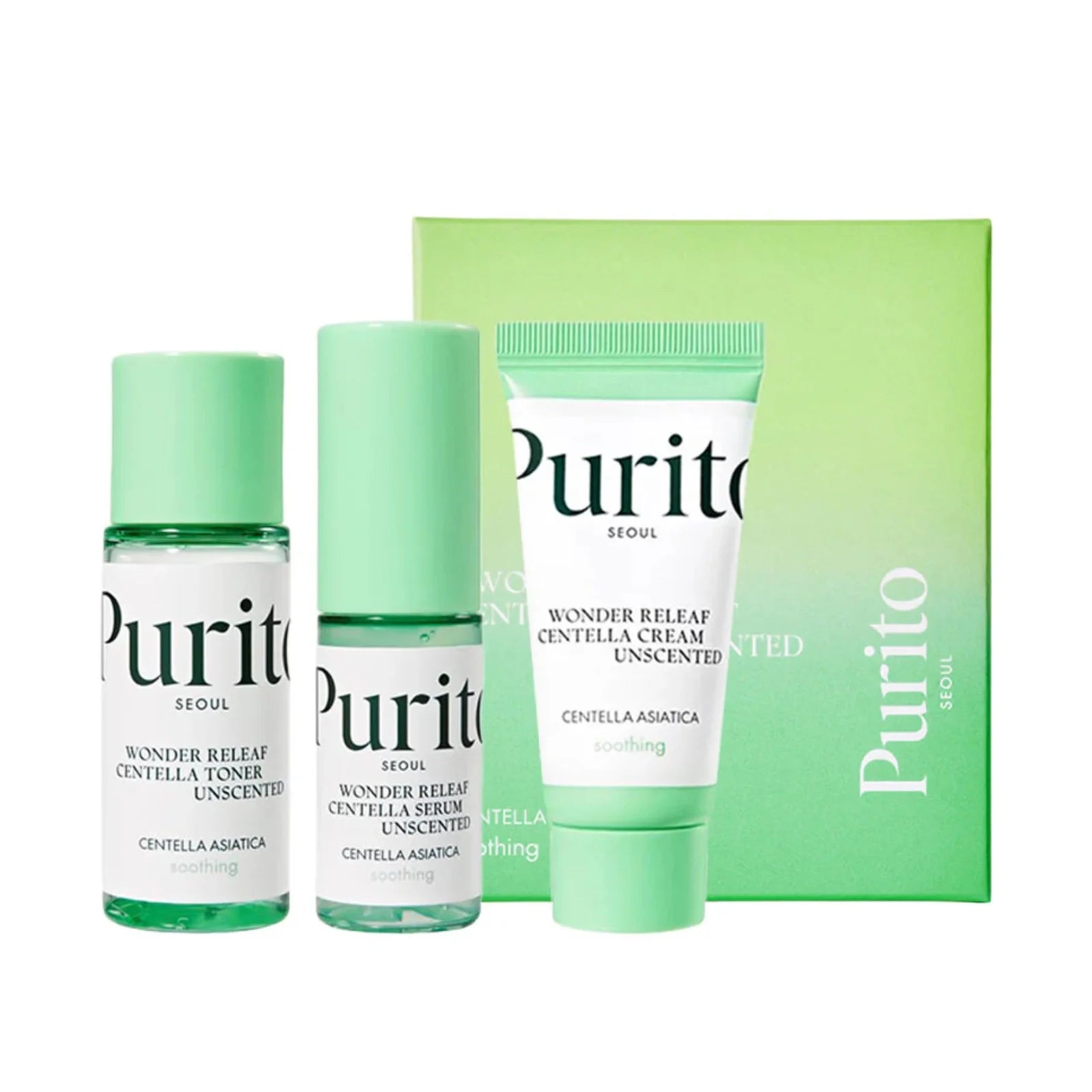 Purito Centella kit, Centella mini set Korea, sensitive skin skincare set, travel skincare kit, Korean skincare mini set, soothing skincare routine, Centella asiatica products, Purito unscented line, acne calming kit, Korean skincare Pakistan - Makeup Stash Pakistan