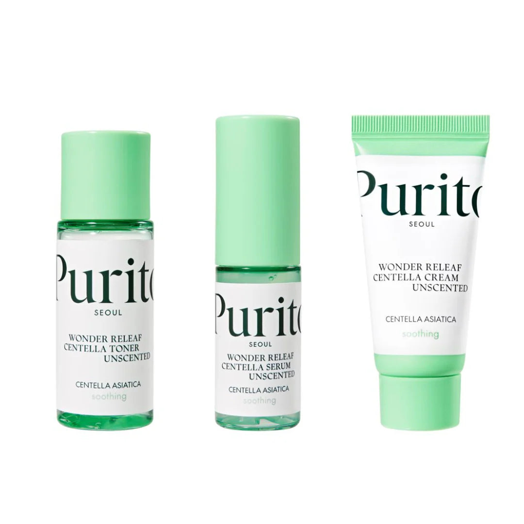 Purito Centella kit, Centella mini set Korea, sensitive skin skincare set, travel skincare kit, Korean skincare mini set, soothing skincare routine, Centella asiatica products, Purito unscented line, acne calming kit, Korean skincare Pakistan - Makeup Stash Pakistan