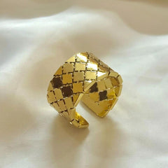 gold plated ring, stainless steel ring, adjustable ring, square matrix band ring, quilted diamond ring, geometric ring, gold band ring, statement jewelry - Makeupstashpk