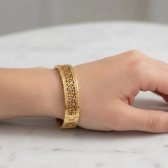 Hollow Design Pattern Gold-Toned Bangle | Elegant Cutwork Stainless Steel Bracelet for Women