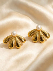 gold plated earrings,fan shaped earrings,fan stud earrings,pearl accent earrings,pearl stud earrings,gold pearl earrings,women's earrings,elegant jewelry,minimalist earrings,fashion jewelry - Makeupstashpk