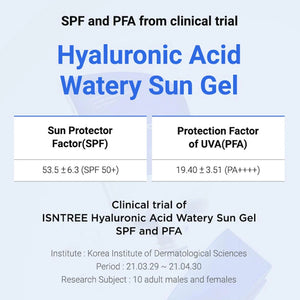 watery sun gel, hyaluronic acid watery sun gel, isntree sunscreen, korean sunscreen, SPF50 sunscreen, PA++++ sunscreen, hydrating sunscreen, korean skincare, facial sunscreen, lightweight sunscreen, sunscreen for sensitive skin, - Makeup Stash Pakistan