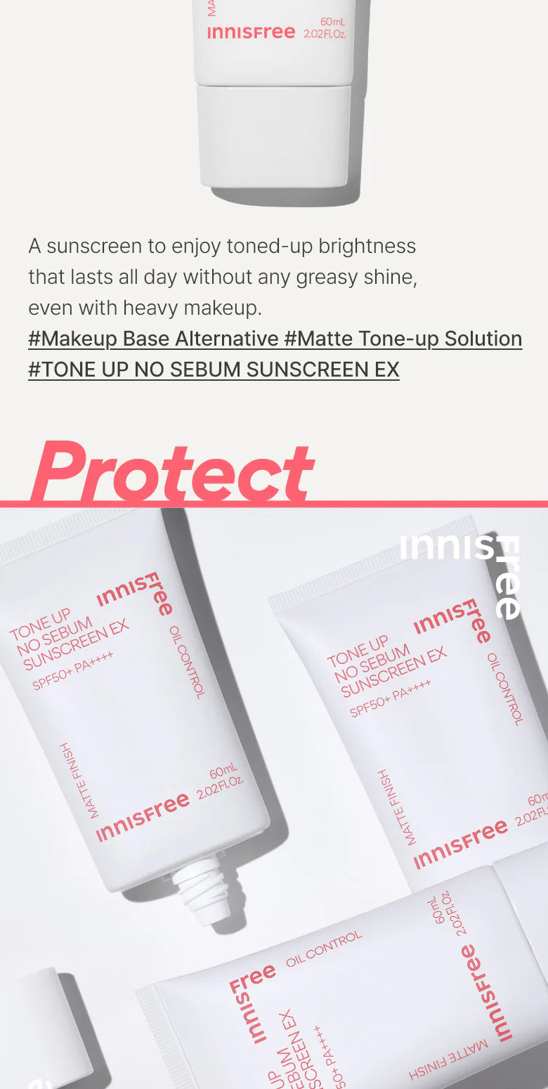 Innisfree - Tone-Up No Sebum Sunscreen Ex SPF50+ PA++++ 60ml - Makeup Stash Paakistan