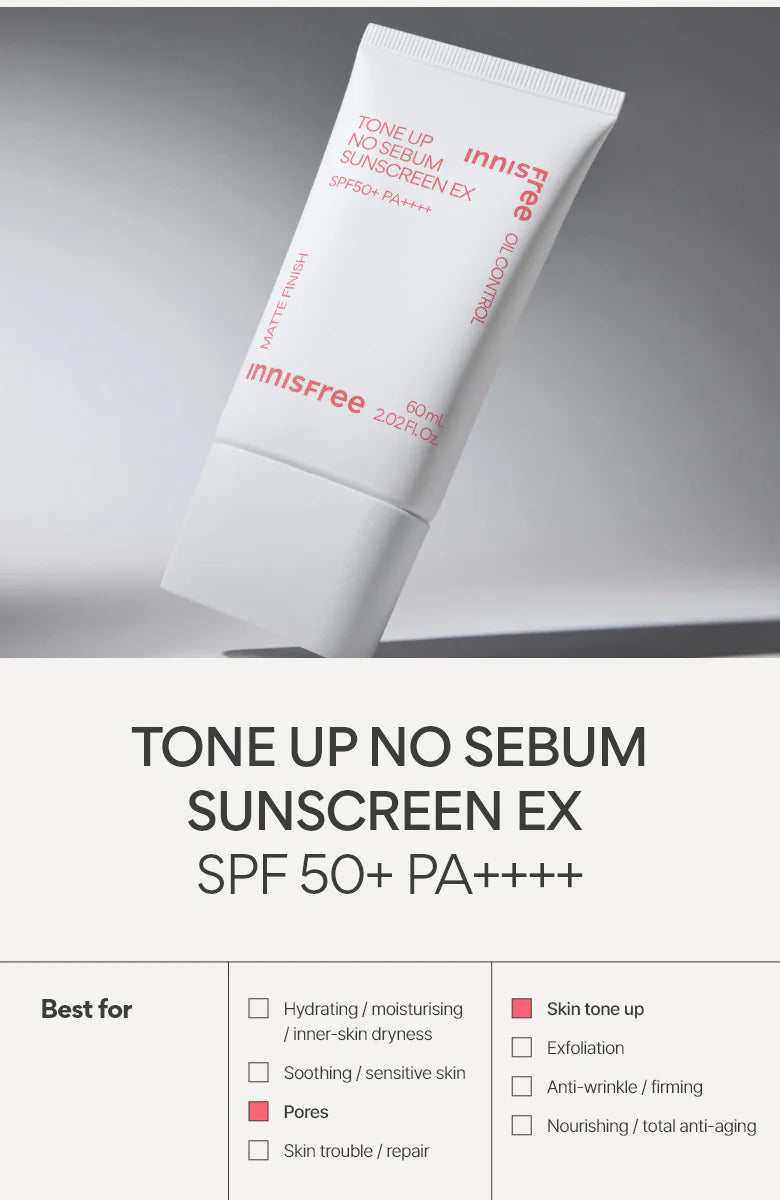 Innisfree - Tone-Up No Sebum Sunscreen Ex SPF50+ PA++++ 60ml - Makeup Stash Paakistan