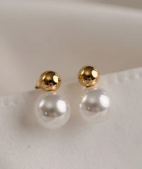 Gold-Tone Pearl Drop Earrings – Classic White Pearl Ball Stud Earrings