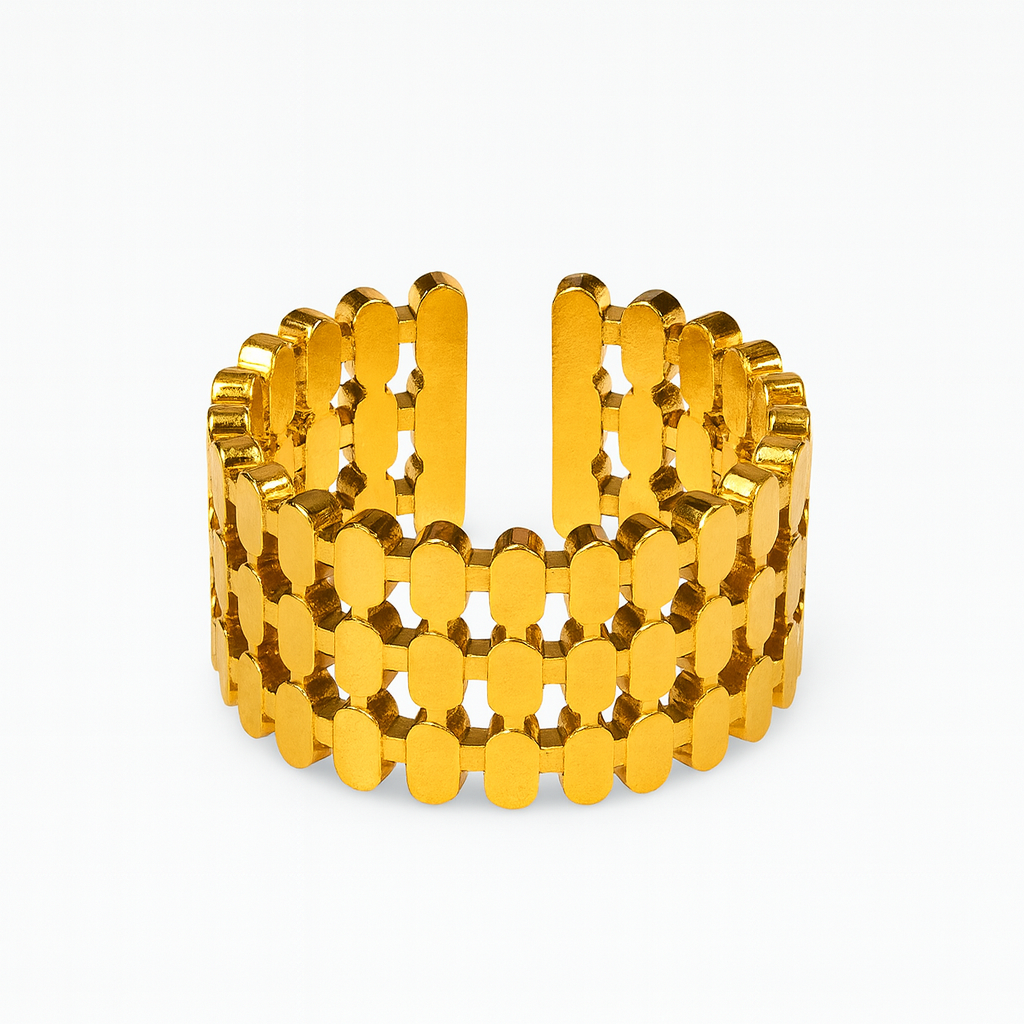 gold plated ring, stainless steel ring, adjustable ring, geometric ring, minimalist ring, women's jewelry, fashion ring, stackable ring, statement ring, gold ring, trendy jewelry, tarnish resistant ring, hypoallergenic jewelry, modern ring - Makeupstashpk