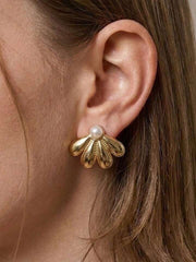 gold plated earrings,fan shaped earrings,fan stud earrings,pearl accent earrings,pearl stud earrings,gold pearl earrings,women's earrings,elegant jewelry,minimalist earrings,fashion jewelry - Makeupstashpk