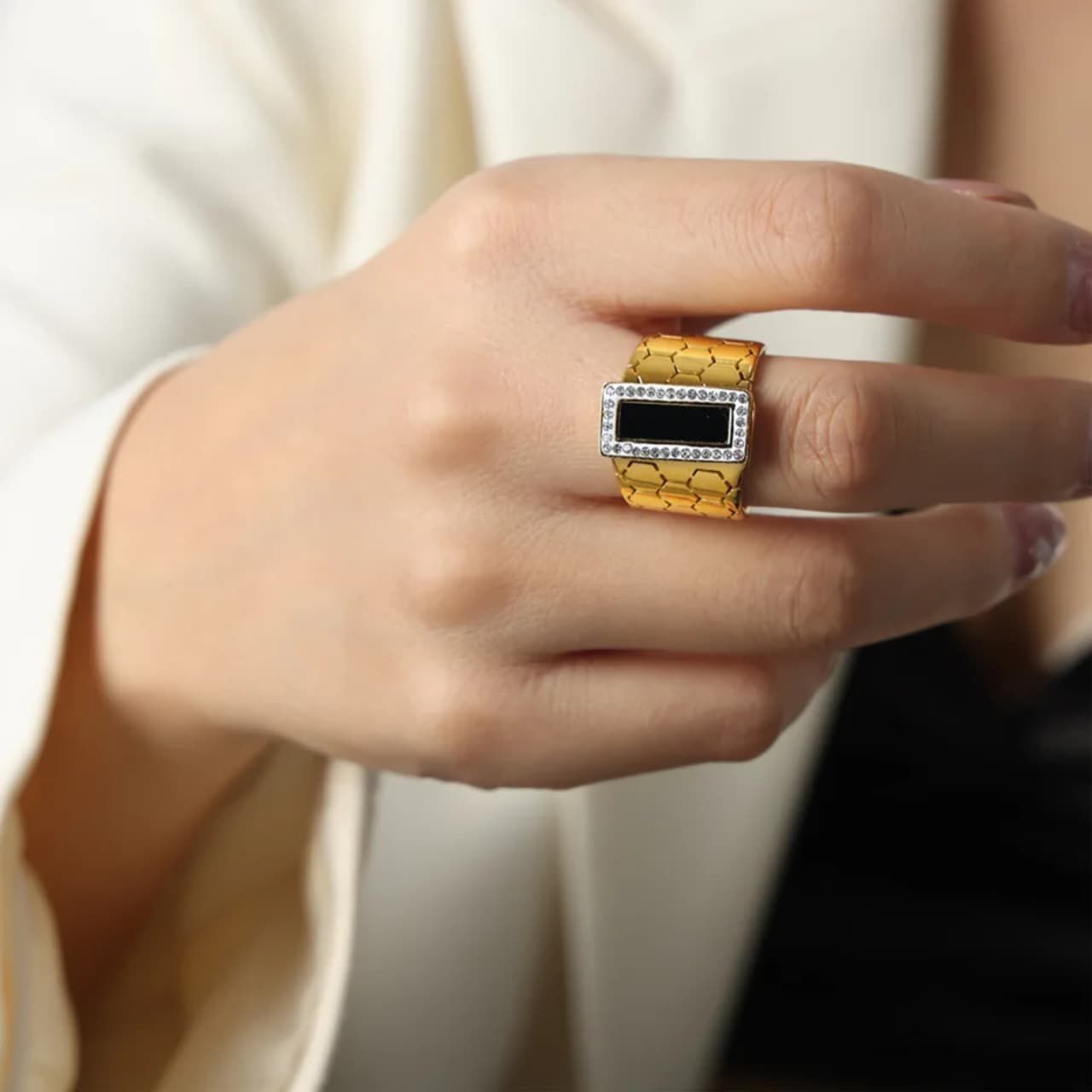 honeycomb ring, titanium steel ring gold, geometric ring men women, stainless steel band ring, modern fashion ring, minimalist ring unisex, durable steel jewelry,Makeupstashpk