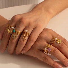 gold plated ring, adjustable ring, gold coil ring, coil ring, multi layered ring, layered ring, open ring, clover charm ring, clover ring, pearl ring - Makeupstashpk