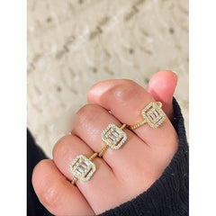 gold tone ring,square halo ring,baguette stone ring,round stone ring,gold statement ring,luxury fashion ring,elegant rings for women,sparkling jewelry,fashion jewelry,women's rings,party wear jewelry - Makeupstashpk