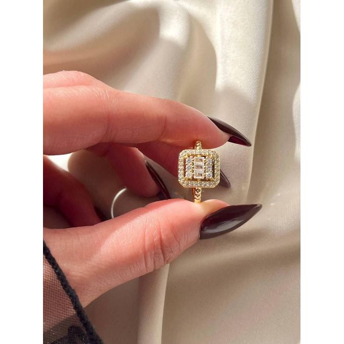 gold tone ring,square halo ring,baguette stone ring,round stone ring,gold statement ring,luxury fashion ring,elegant rings for women,sparkling jewelry,fashion jewelry,women's rings,party wear jewelry - Makeupstashpk