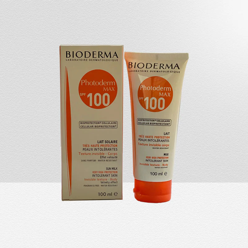 photoderm lait solaire 100ml, spf 100 sunscreen, face body sunscreen, hydrating sunscreen, sensitive skin sunblock, french pharmacy sunscreen, high protection sunscreen, sunscreen for dry skin, uv protection cream, outdoor sunscreen, family sunscreen, bioderma photoderm max - Makeup Stash Pakistan