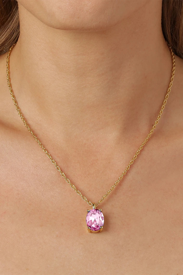 pink crystal necklace, gold plated rope chain necklace, stainless steel necklace women, dainty pink pendant necklace, elegant jewelry women, minimalist necklace women - Makeupstashpk