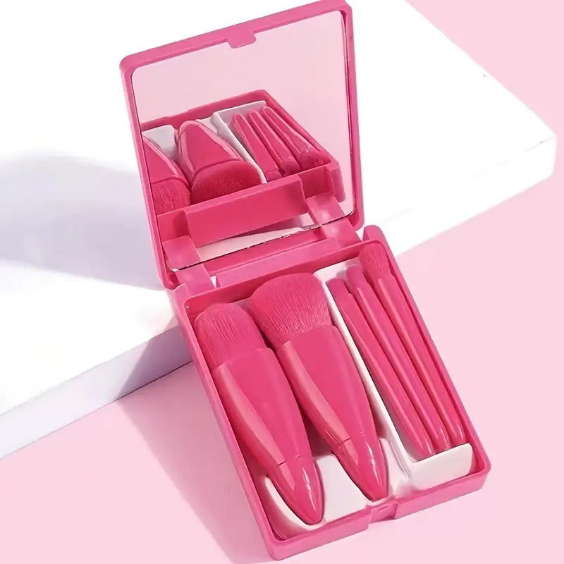 5 Pieces Mini Korean Portable Brush Set - Hot Pink - Makeup Stash Pakistan