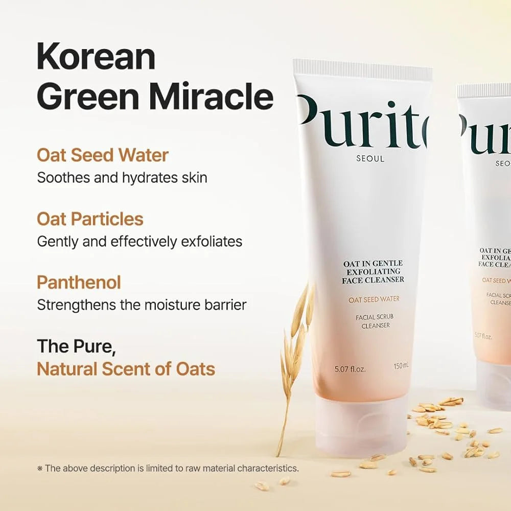 Gentle exfoliating cleanser, Korean face wash sensitive skin, oat face cleanser Korea, mild exfoliating face wash, Purito SEOUL cleanser, soothing cleanser for redness, Korean skincare cleanser, daily exfoliating cleanser, hydrating face wash - Makeup Stash Pakistan