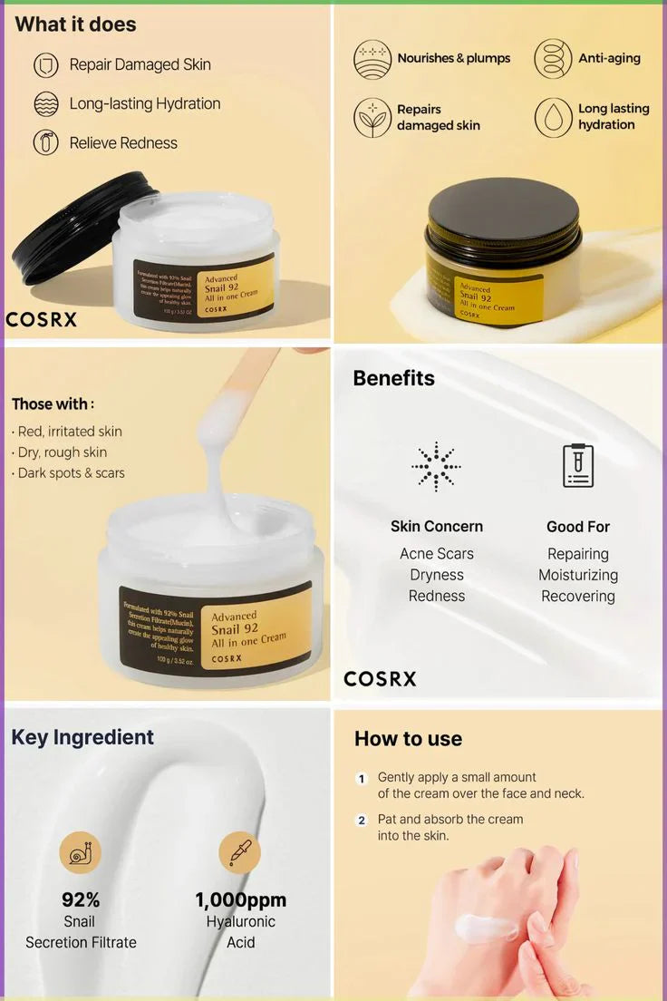 COSRX Advanced Snail 92 All In One Cream 100ml – Repairing & Hydrating Snail Mucin Moisturizer