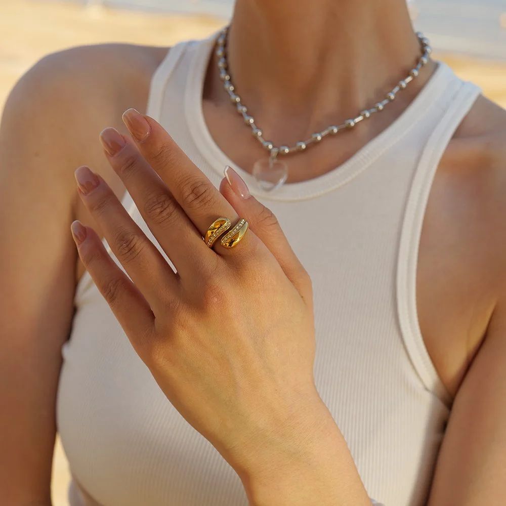 Stainless steel ring, teardrop ring, wrap ring women, cubic zirconia ring, statement ring women, silver ring women, elegant ring, fashion jewelry, zirconia jewelry, tarnish resistant ring, adjustable ring - Makeupstashpk