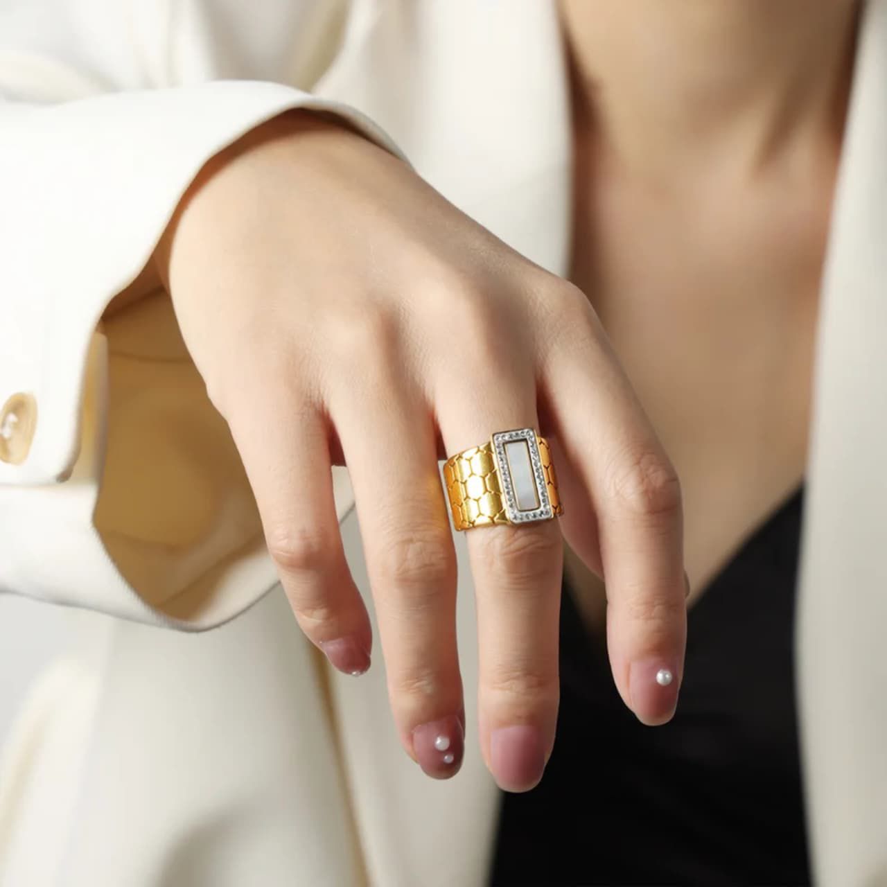 honeycomb ring, titanium steel ring gold, geometric ring men women, stainless steel band ring, modern fashion ring, minimalist ring unisex, durable steel jewelry,Makeupstashpk