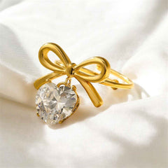 bow heart ring, gold plated ring women, crystal adjustable ring, stainless steel jewelry women, dainty gold ring, elegant women ring, romantic jewelry ring, cute rings for girls,Makeupstashpk
