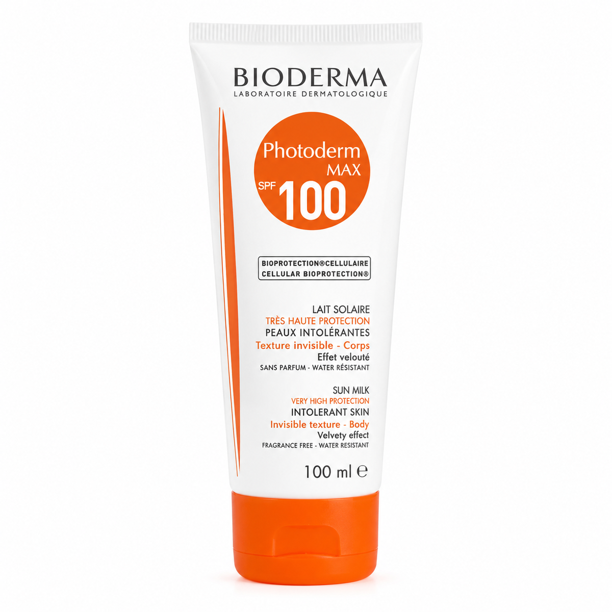 photoderm lait solaire 100ml, spf 100 sunscreen, face body sunscreen, hydrating sunscreen, sensitive skin sunblock, french pharmacy sunscreen, high protection sunscreen, sunscreen for dry skin, uv protection cream, outdoor sunscreen, family sunscreen, bioderma photoderm max - Makeup Stash Pakistan