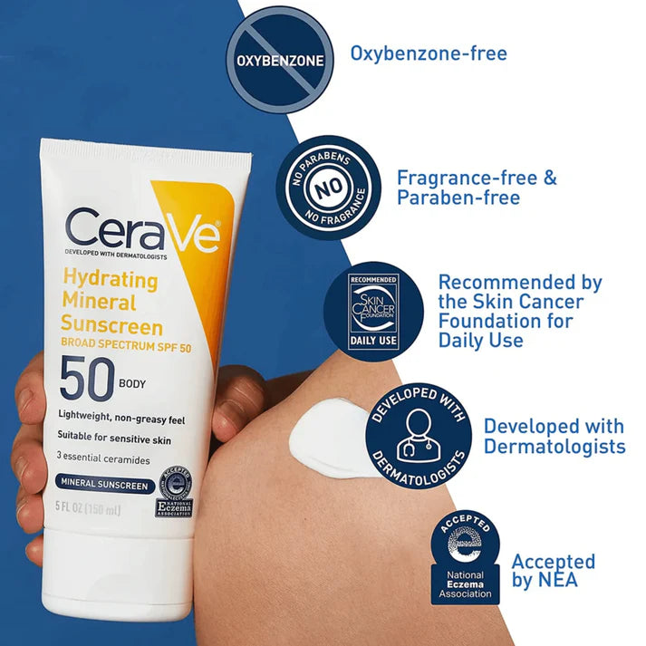 CERAVE Hydrating Mineral Sunscreen SPF 50 Body Lotion 150ml-Makeup Stash Pakistan