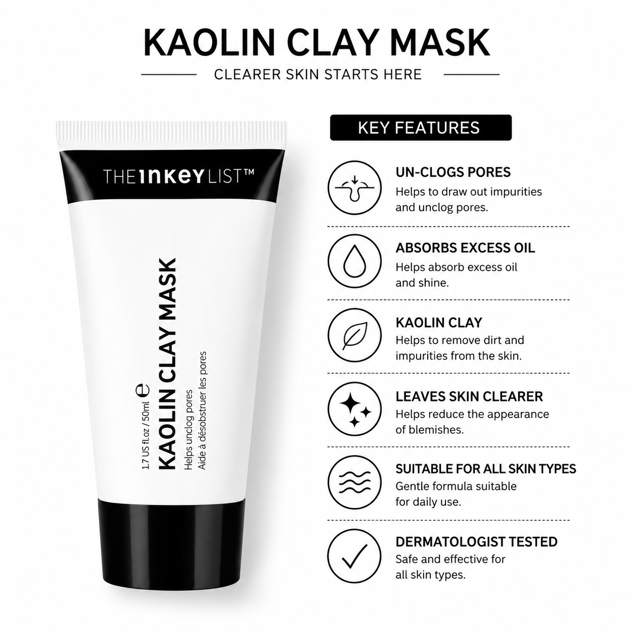 The INKEY List, INKEY List Kaolin Clay Mask, Kaolin Clay Mask, Clay Face Mask, Deep Cleansing Mask, Oil Control Mask, Pore Care, Pore Minimizing Mask, Face Mask, Oily Skin Care, Combination Skin - Makeupstashpk