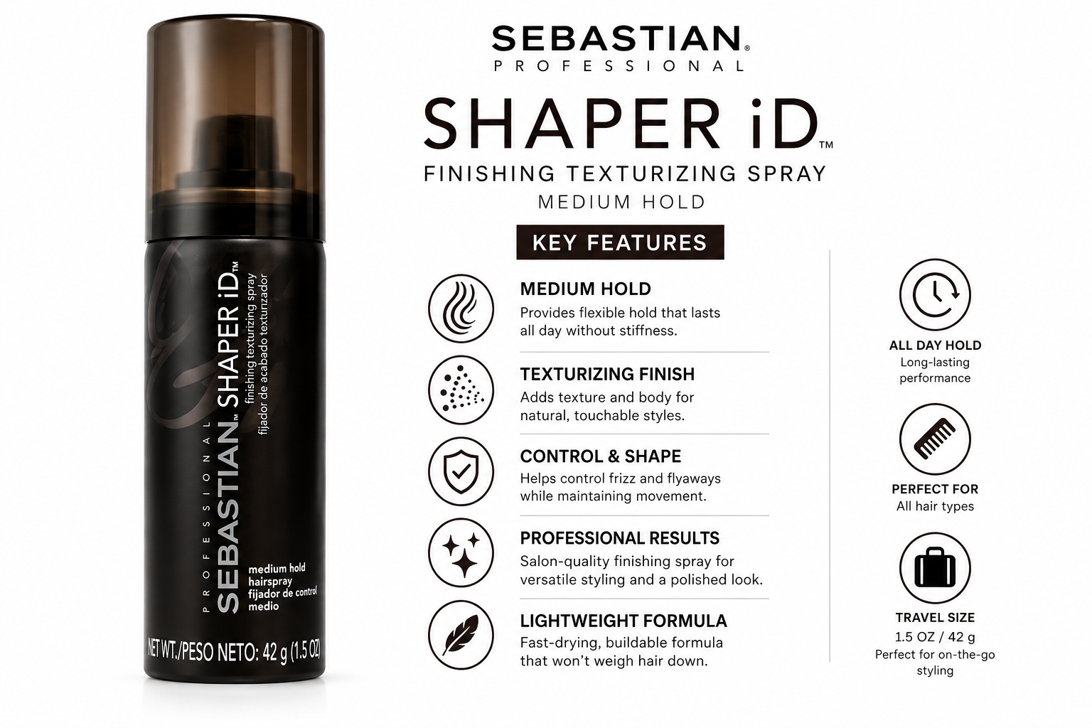 Sebastian Shaper ID Hairspray 42g – Flexible Hold Lightweight Styling Spray for Natural Movement