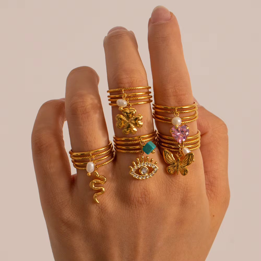 gold plated ring, adjustable ring, gold coil ring, coil ring, multi layered ring, layered ring, open ring, clover charm ring, clover ring, pearl ring - Makeupstashpk