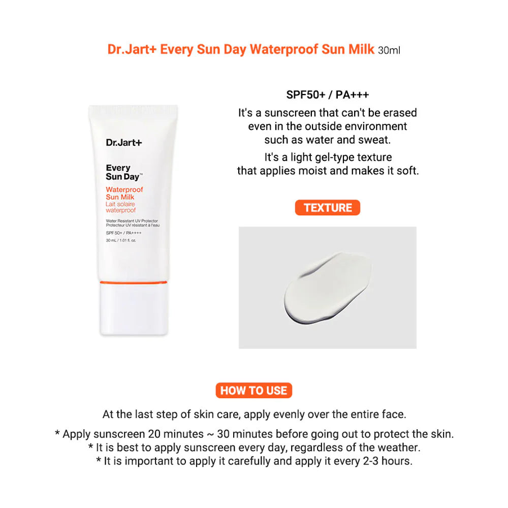  sun milk, waterproof sunscreen SPF50, lightweight sunscreen, Korean sunscreen, face sunscreen for sensitive skin, no white cast sunscreen, UVA UVB protection, daily sun protection, Dr.Jart Every Sun Day, sun milk SPF50 PA+++, sweat resistant sunscreen, hydrating sunscreen face cream- Makeup Stash Pakistan