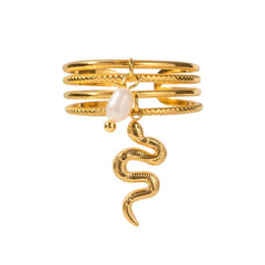 Gold-Plated Open Ring with Pearl Charm & Textured Snake Pendant – Multi-Band Statement Ring