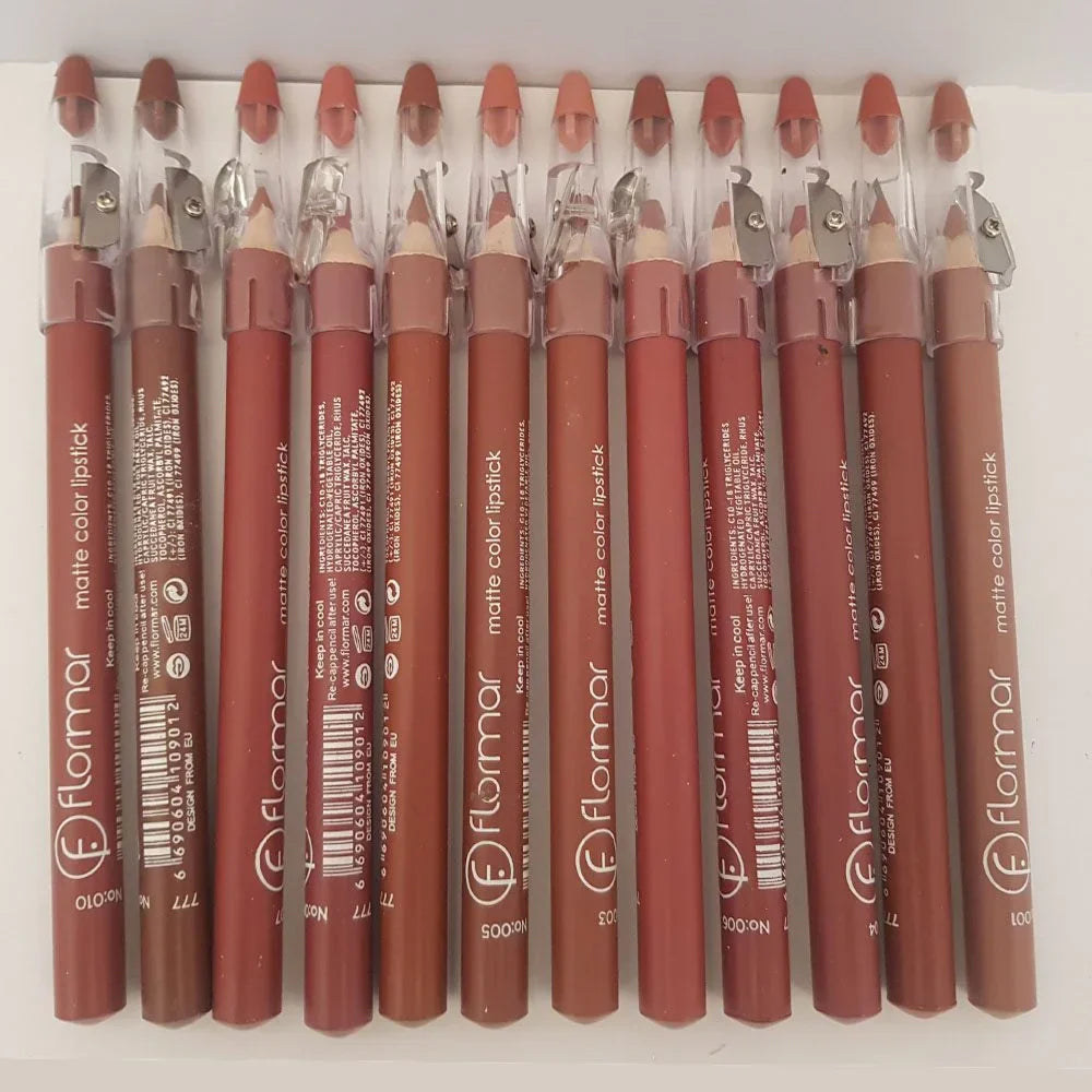 FLORMAR Matte Lipstick Pencil Pack of 12 – Long Lasting Waterproof Velvet Finish Lip Crayon Set