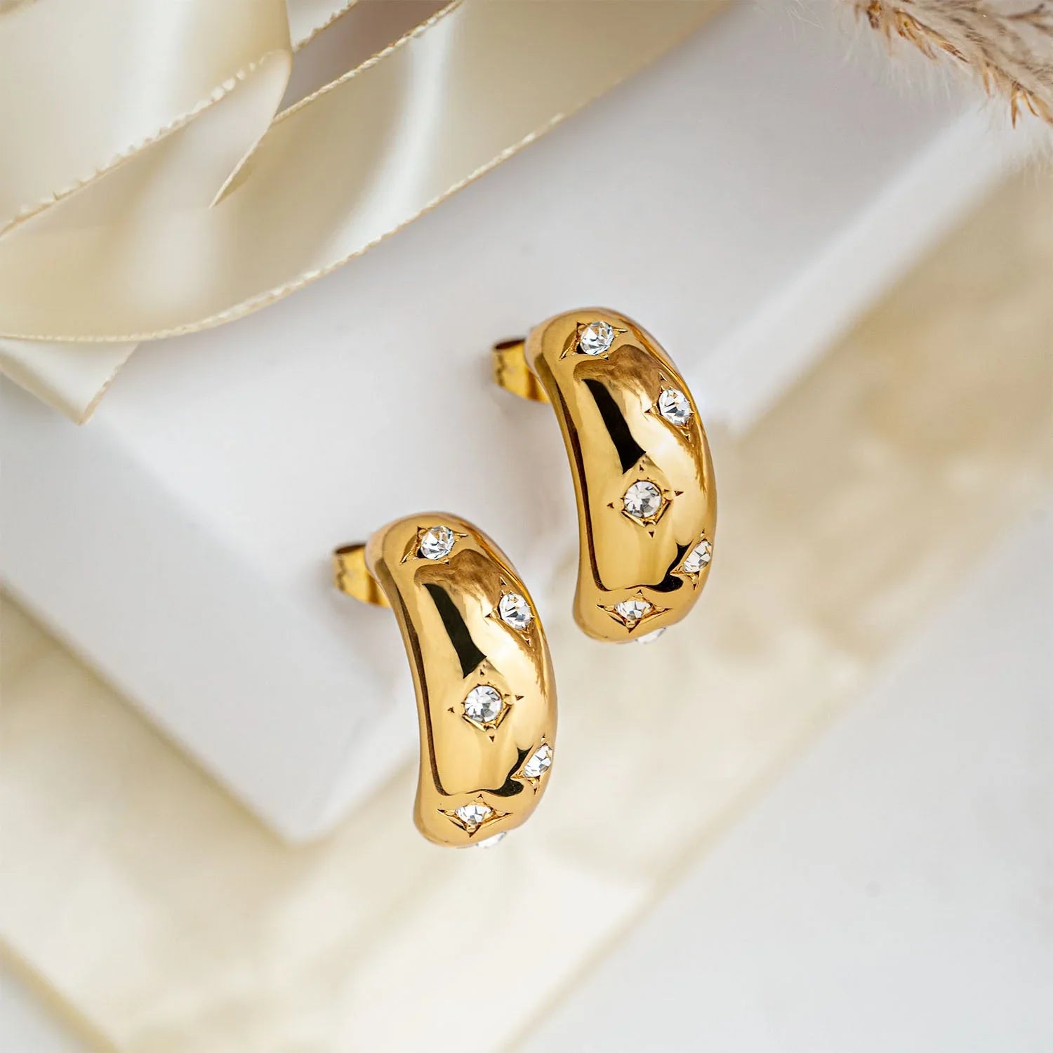 crystal hoop earrings, gold plated hoops women, stainless steel earrings women, sparkly hoop earrings, elegant earrings women, fashion jewelry hoops, lightweight earrings women - Makeupstashpk