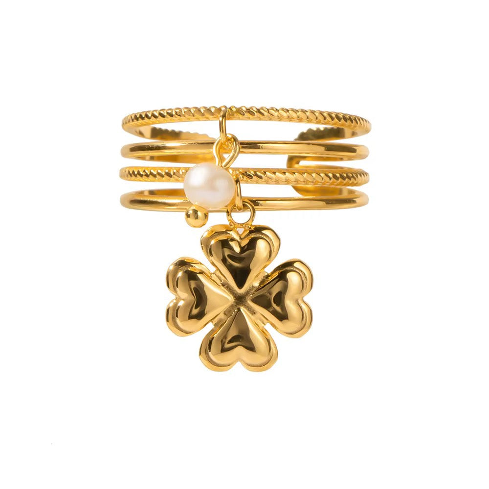 gold plated ring, adjustable ring, gold coil ring, coil ring, multi layered ring, layered ring, open ring, clover charm ring, clover ring, pearl ring - Makeupstashpk