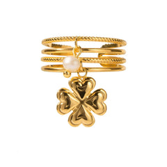 gold plated ring, adjustable ring, gold coil ring, coil ring, multi layered ring, layered ring, open ring, clover charm ring, clover ring, pearl ring - Makeupstashpk