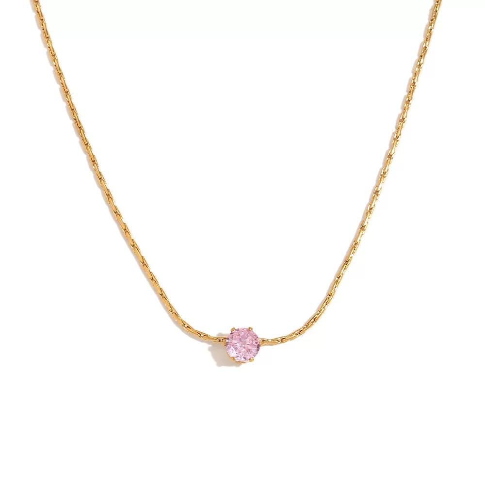 pink crystal necklace, gold plated rope chain necklace, stainless steel necklace women, dainty pink pendant necklace, elegant jewelry women, minimalist necklace women - Makeupstashpk