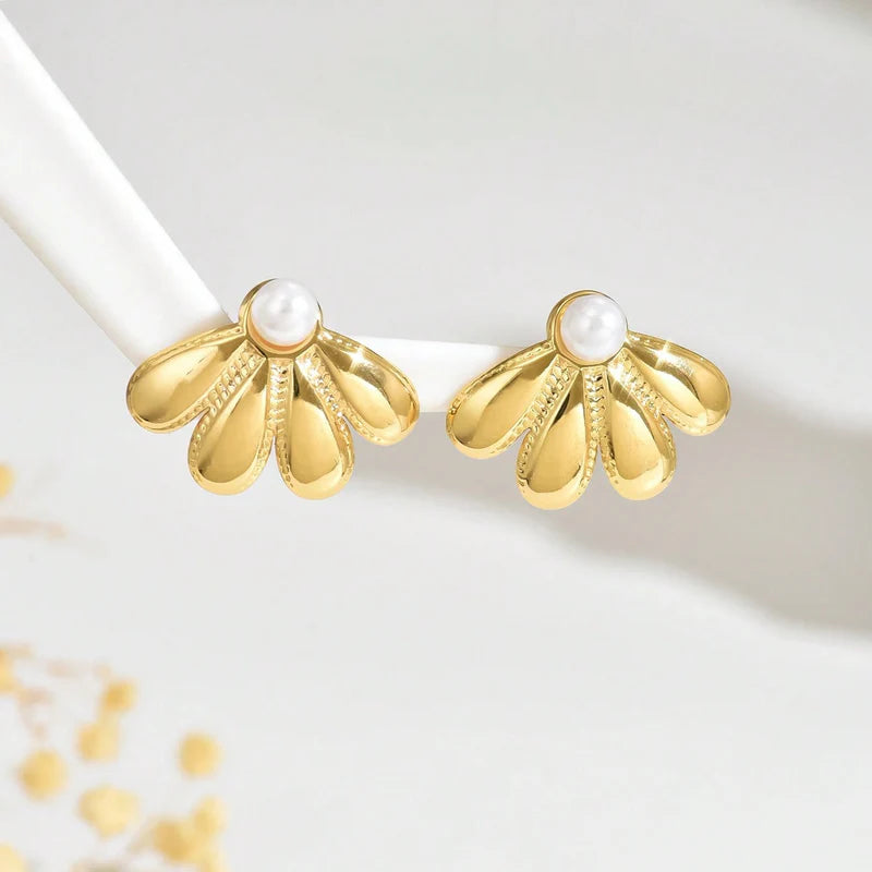 gold plated earrings,fan shaped earrings,fan stud earrings,pearl accent earrings,pearl stud earrings,gold pearl earrings,women's earrings,elegant jewelry,minimalist earrings,fashion jewelry - Makeupstashpk