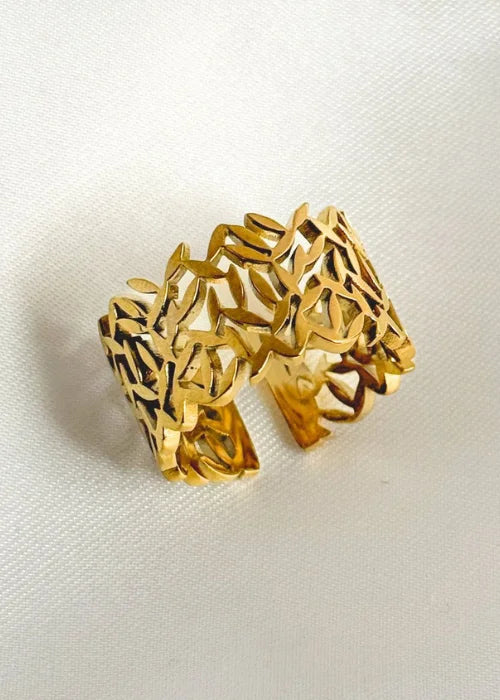 gold plated ring,stainless steel ring,adjustable ring,leaf pattern ring,leaf design jewelry,nature inspired jewelry,hollow out ring,laser cut ring,botanical jewelry,minimalist ring
,gold ring for women - Makeupstashpk