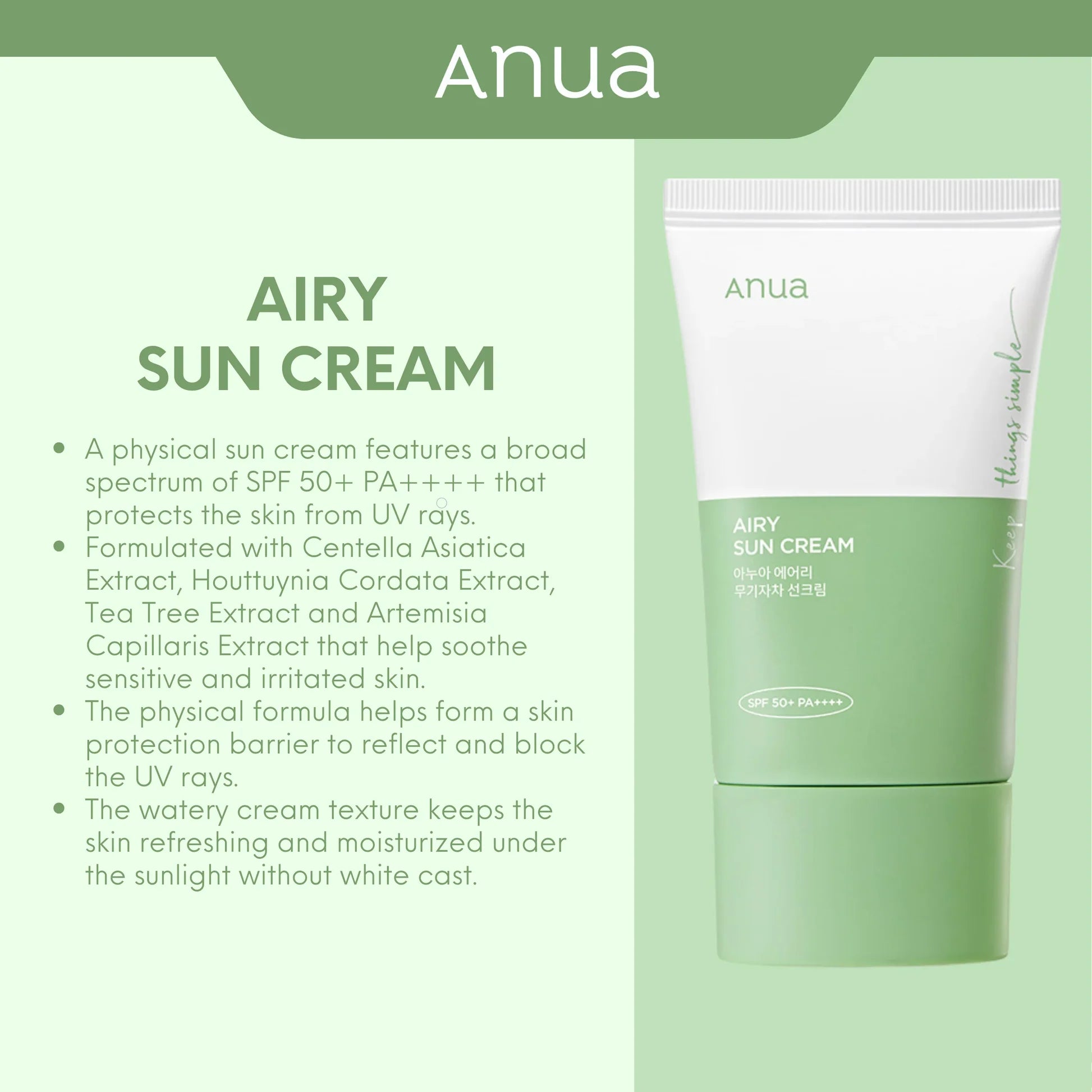 Anua - Airy Sun Cream 50ml - Makeup Stash Pakistan