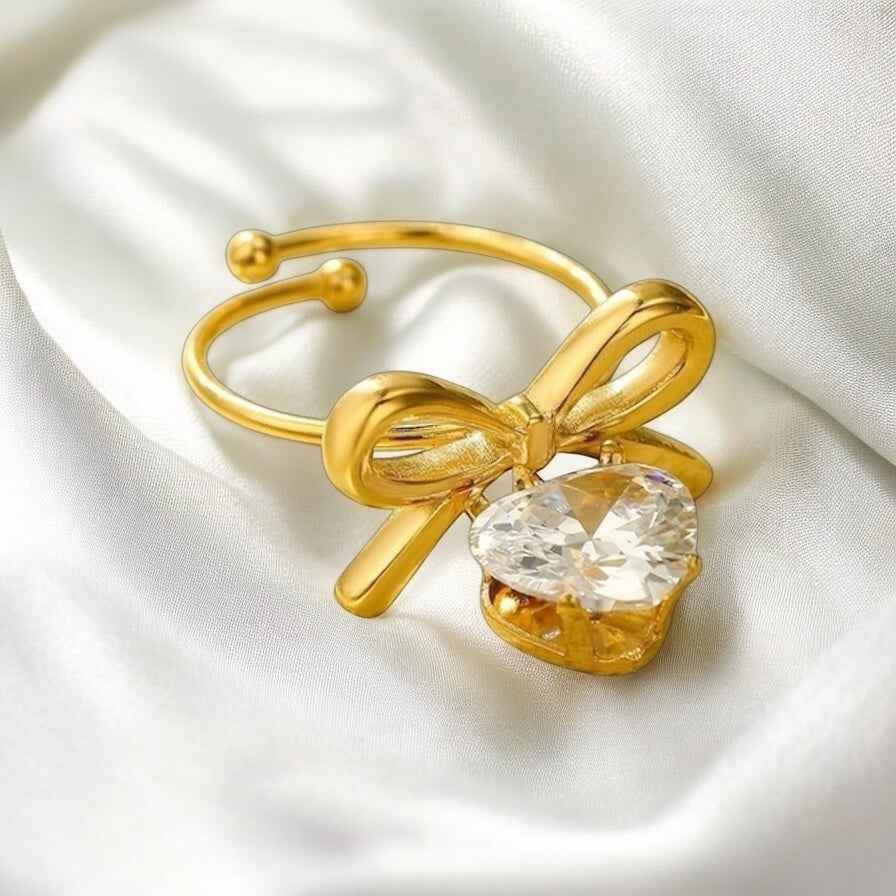 bow heart ring, gold plated ring women, crystal adjustable ring, stainless steel jewelry women, dainty gold ring, elegant women ring, romantic jewelry ring, cute rings for girls,Makeupstashpk