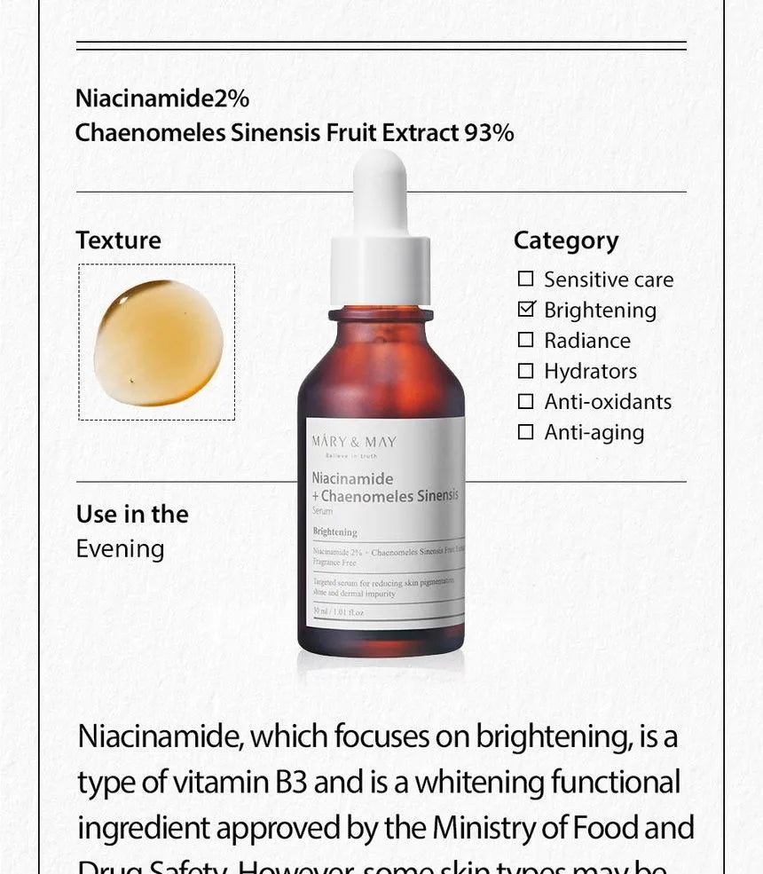Mary & May - Niacinamide + Chaenomeles Sinensis Brightening Serum 30ml - Makeup Stash Pkistan