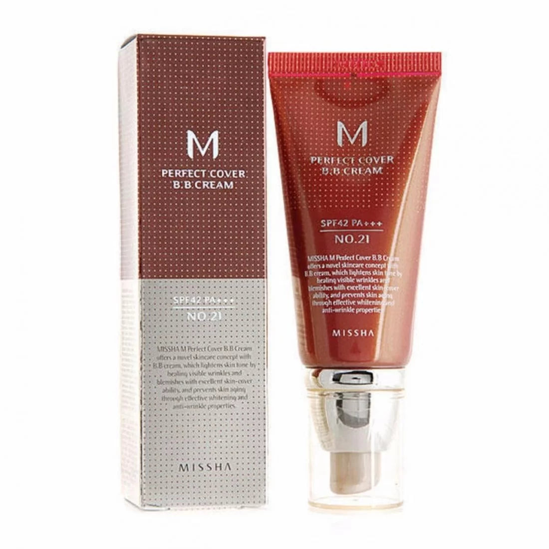 Missha BB Cream, M Perfect Cover, Missha No 21,Light Beige, Korean Beauty, K-Beauty, Korean Makeup, BB Cream, Foundation, SPF42, PA+++, Face Makeup, Hydrating Makeup, Buildable Coverage - Makeup Stash Pakistan