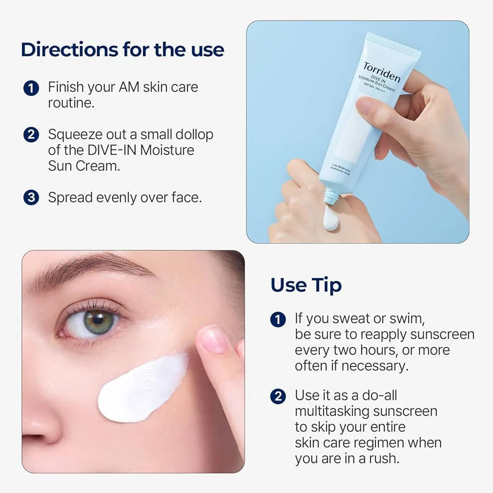Torriden, Dive In Sun Cream, Torriden Sunscreen, Korean Sunscreen, Watery Sun Cream, Hydrating Sunscreen, Lightweight SPF, No White Cast Sunscreen, Korean Skincare, Moisturizing Sunscreen - Makeupstashpk