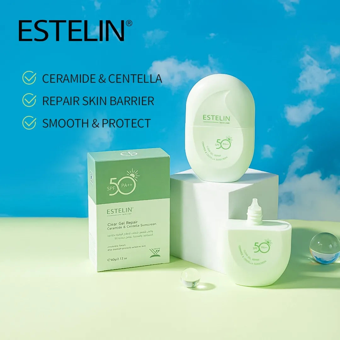 Estelin, Estelin Sunscreen, Estelin Clear Gel Sunscreen, Estelin Gel Sunscreen, Clear Gel Sunscreen, Gel Sunscreen, Ceramide Sunscreen, Centella Sunscreen, Ceramide & Centella, Repair Sunscreen, Barrier Support, Face Sunscreen - Makeupstashpk