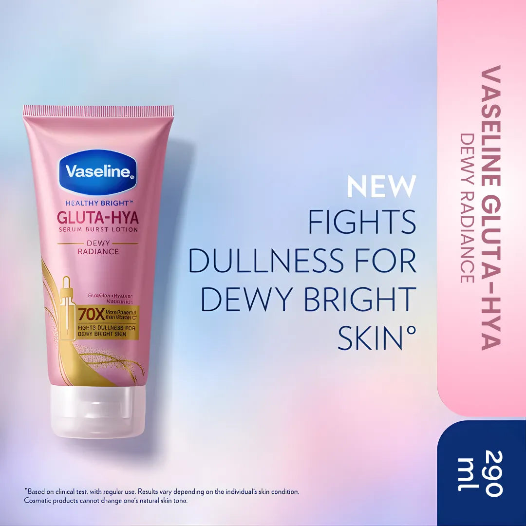 dewy radiance lotion, vaseline brightening lotion, gluta glow body lotion, hyaluronic acid lotion, vaseline serum burst lotion, skin brightening lotion pakistan, hydrating body lotion, vaseline 290ml lotion, glowing skin lotion, Makeup Stash Pakistan